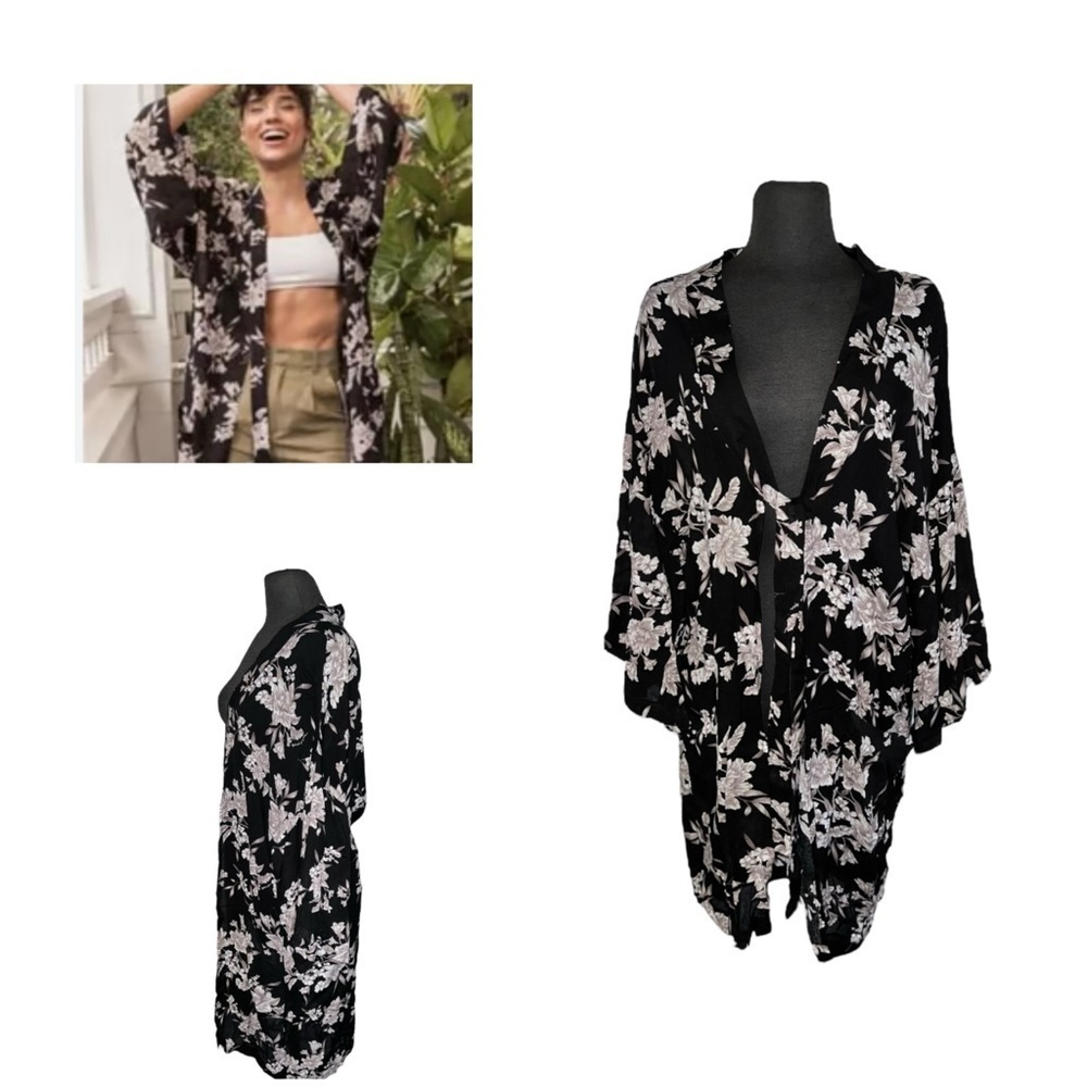 Spiritual Gangster Maya Robe Cover Up Black Gray Duster Floral Kimono On…